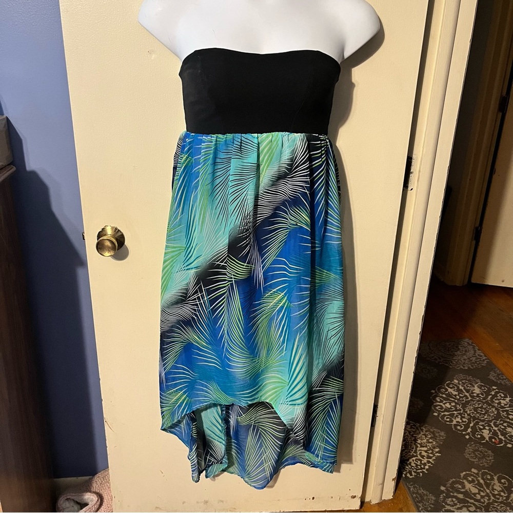 Tropical Strapless Dress with Black Bodice